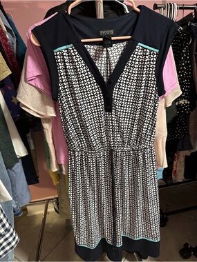 Enfocus Studio Black & White Printed Midi Dress with Teal Trim